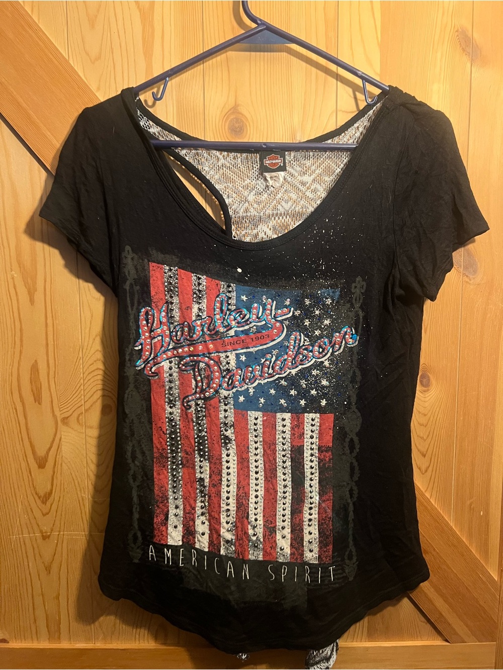 Harley-Davidson Black Tee with Red, White & Blue American Flag Graphic